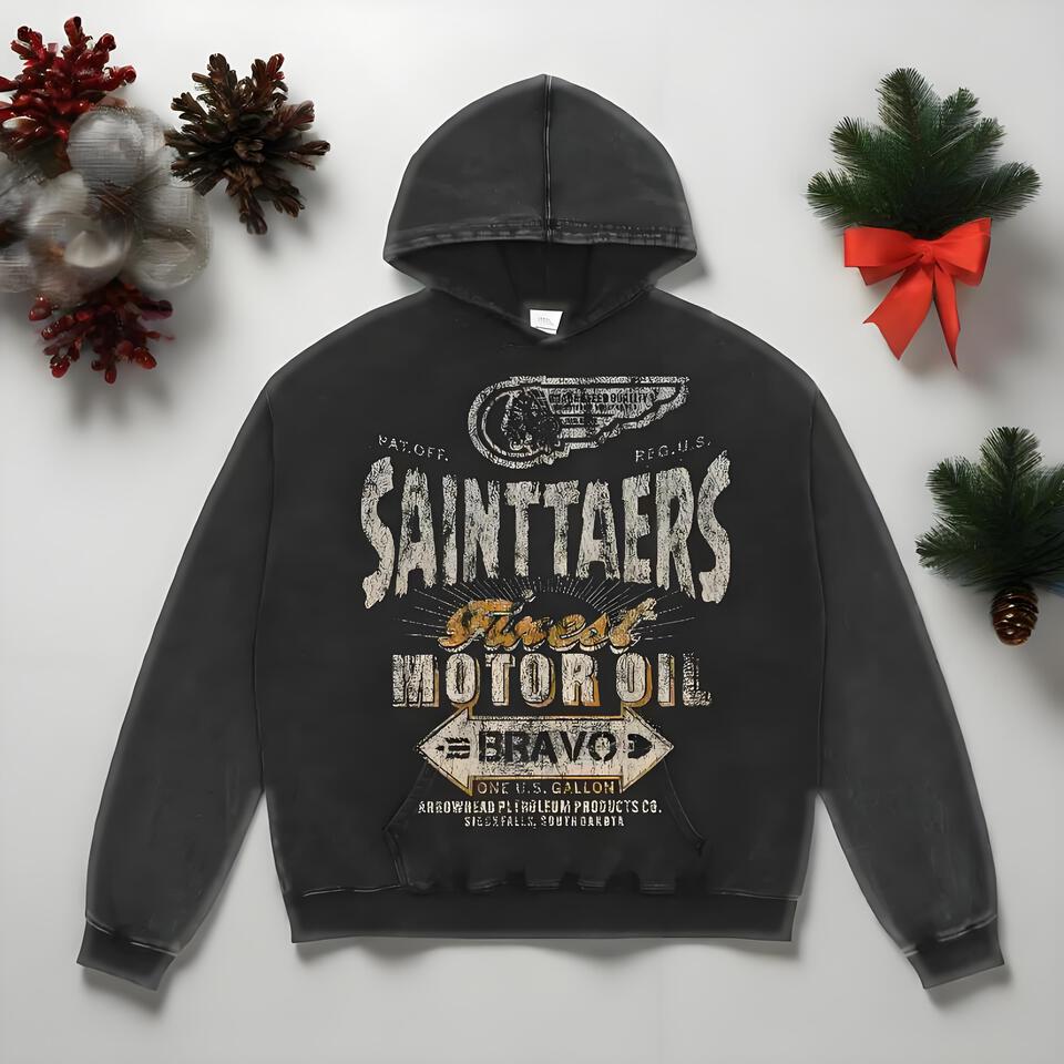 SAINTTAERS Black Washed Cotton Retro Hoodie Unisex Streetwear Print