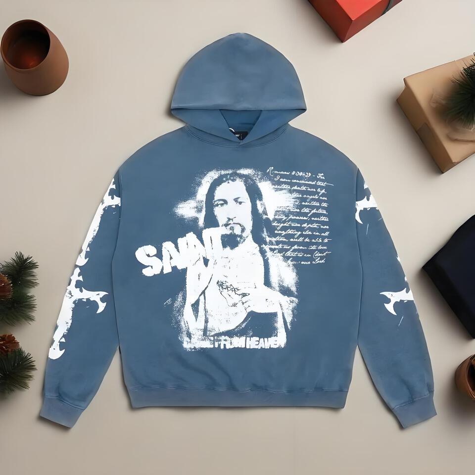 Savior Washed Blue Cotton Hoodie Street Fashion