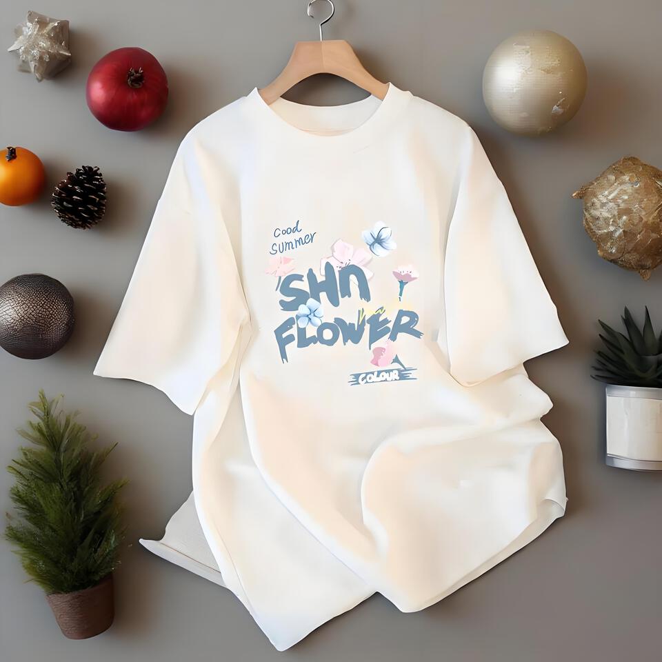 SHN FLOWER White Loose Print Cotton T-Shirt Unisex