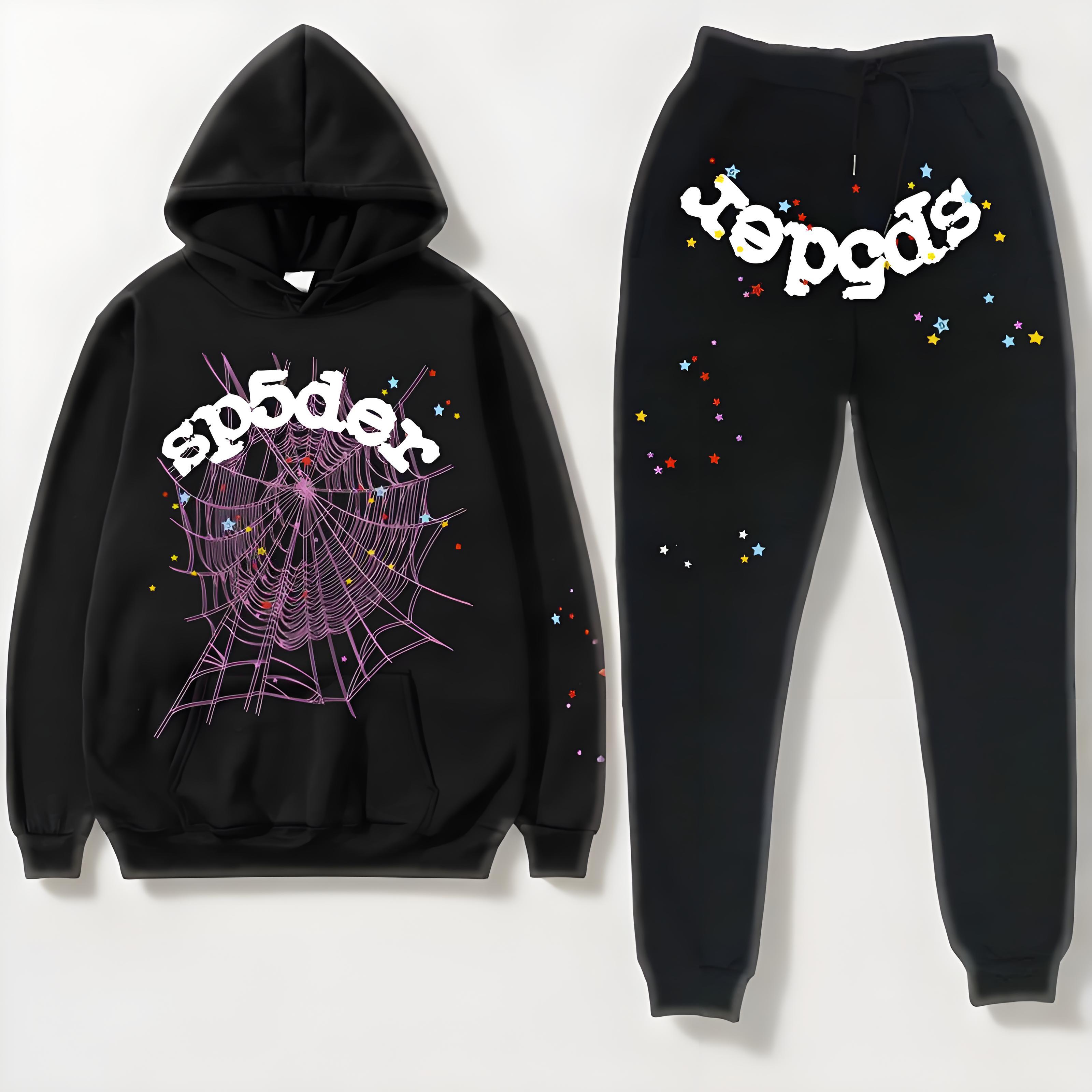SP5DER Black Cotton Hoodie And Joggers Set Unisex Streetwear