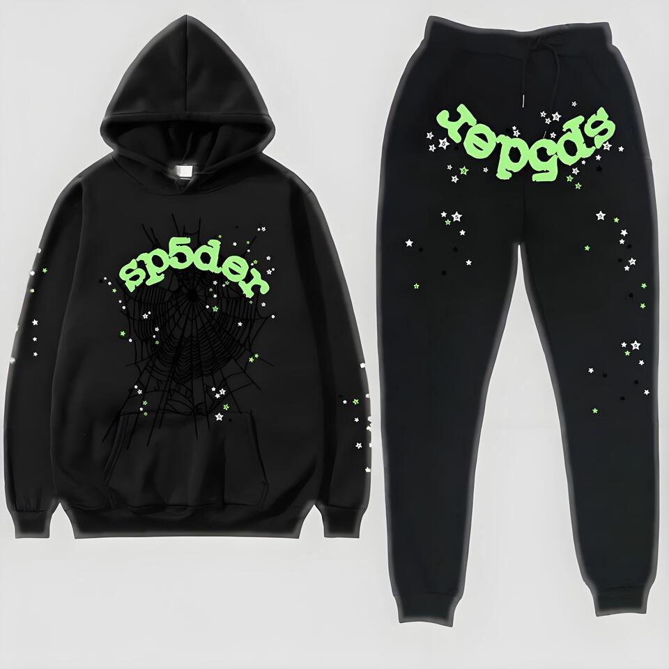 SP5DER Black Cotton Hoodie Set Streetwear Unisex