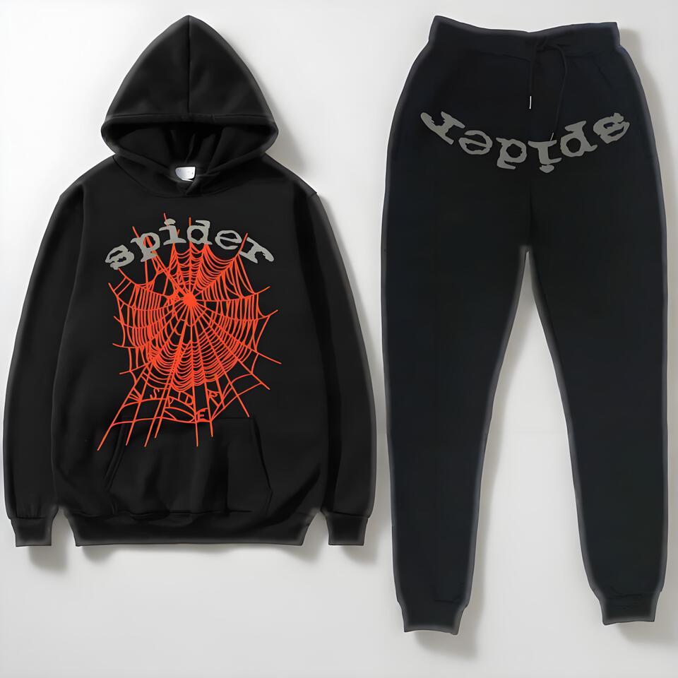 Sp5der Black Cotton Hoodie Set Unisex Streetwear