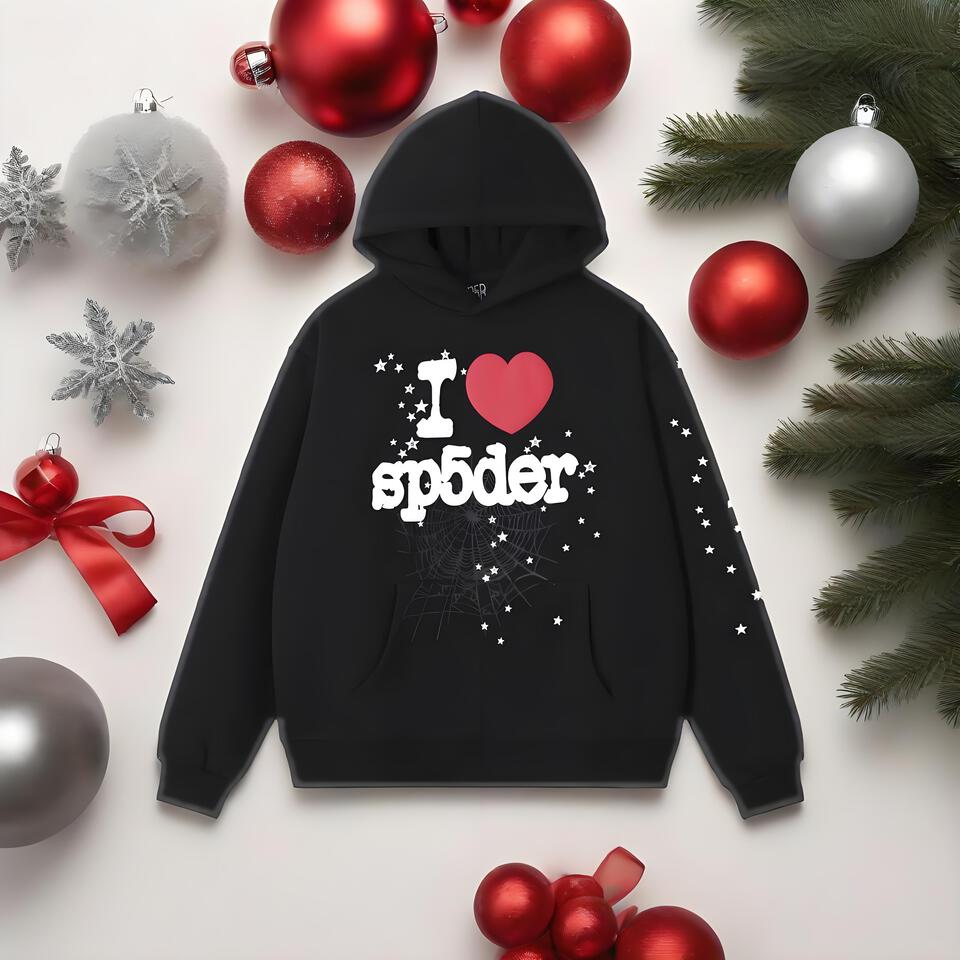 SP5DER Black Cotton Hoodie Unisex Streetwear Casual