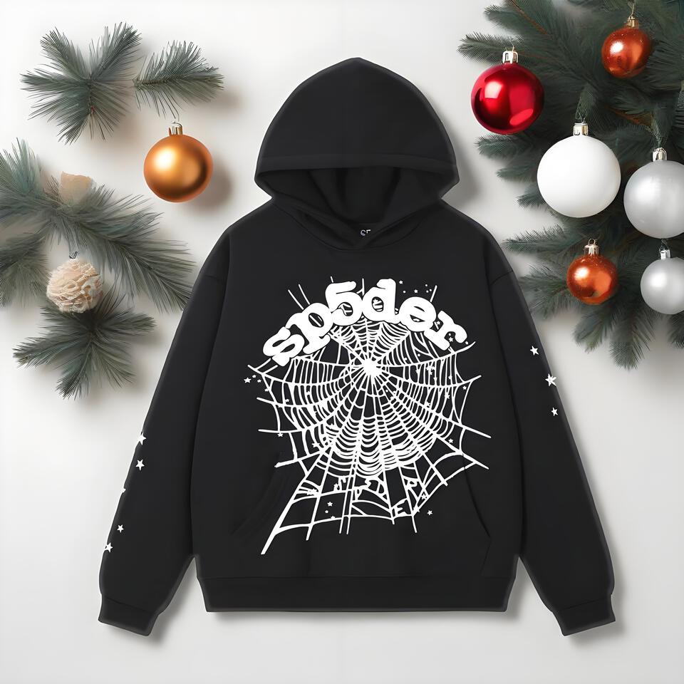 SP5DER Black Hooded Cotton Streetwear Unisex Loose Fit Sweatshirt