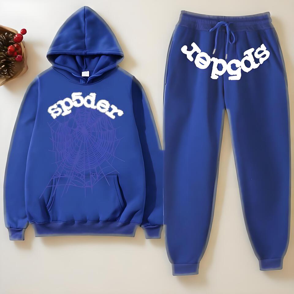 SP5DER Blue Cotton Hoodie Jogger Set Unisex Streetwear