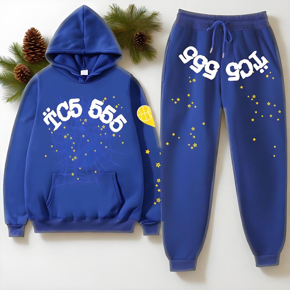 SP5DER Blue Cotton Hoodie Set Streetwear Tracksuit