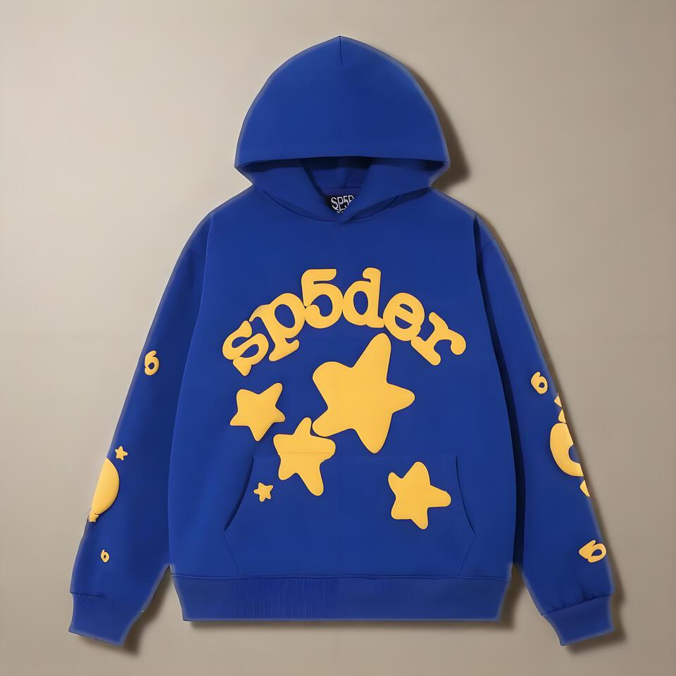 Sp5der Blue Cotton Hoodie Unisex Streetwear Casual Style