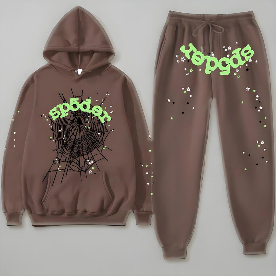 Sp5der Brown Cotton Hoodie Set Unisex Streetwear