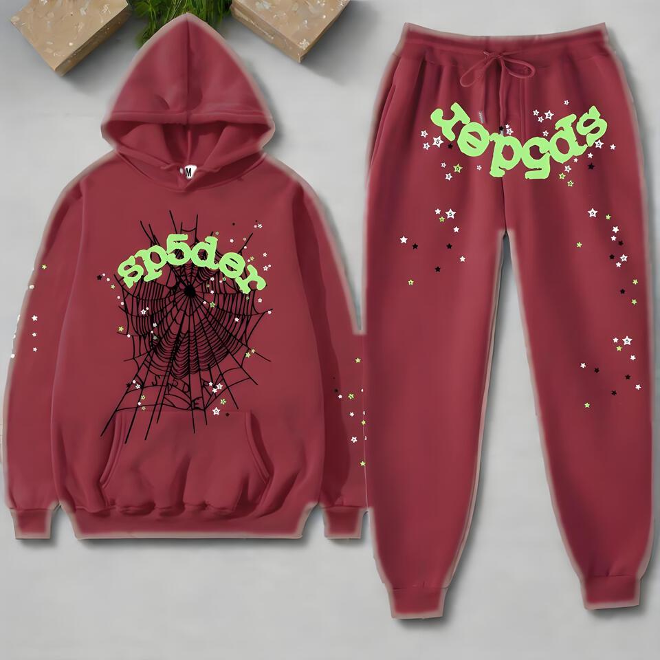 SP5DER Burgundy Cotton Hoodie And Joggers Set Unisex