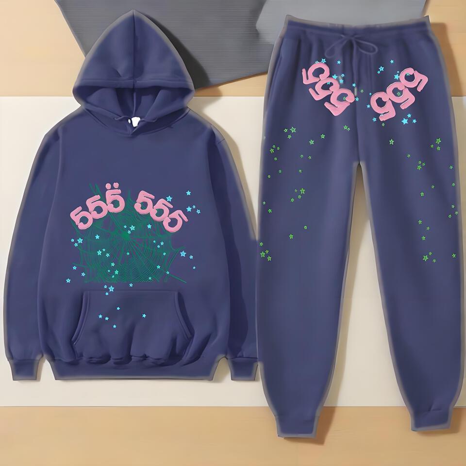 Sp5der Deep Blue Cotton Hoodie Set Unisex Streetwear