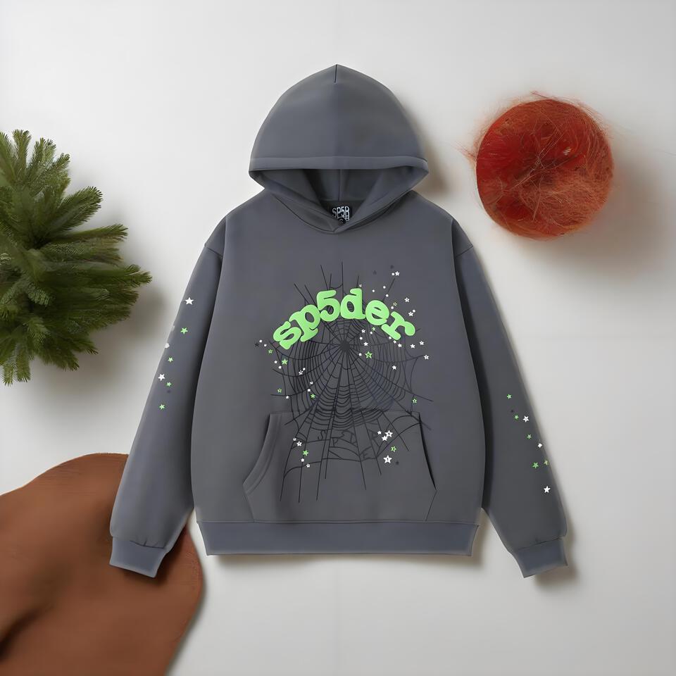Sp5der Gray Cotton Hoodie Unisex Streetwear Pullover