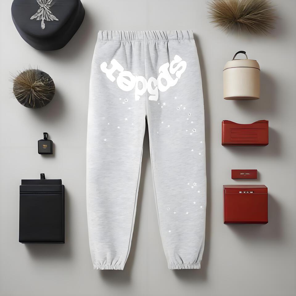 SP5DER Gray Cotton Jogger Pants Unisex Streetwear Print