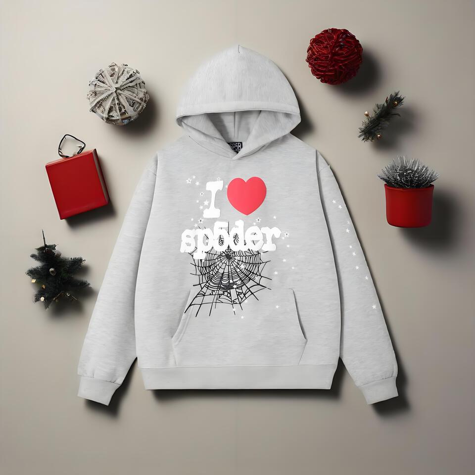 SP5DER Gray Hooded Cotton Unisex Streetwear Sweatshirt