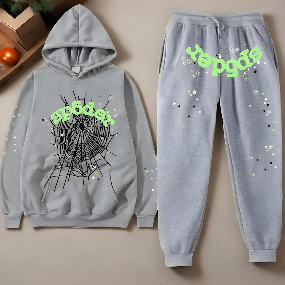 Sp5der Grey Cotton Hoodie And Sweatpants Set