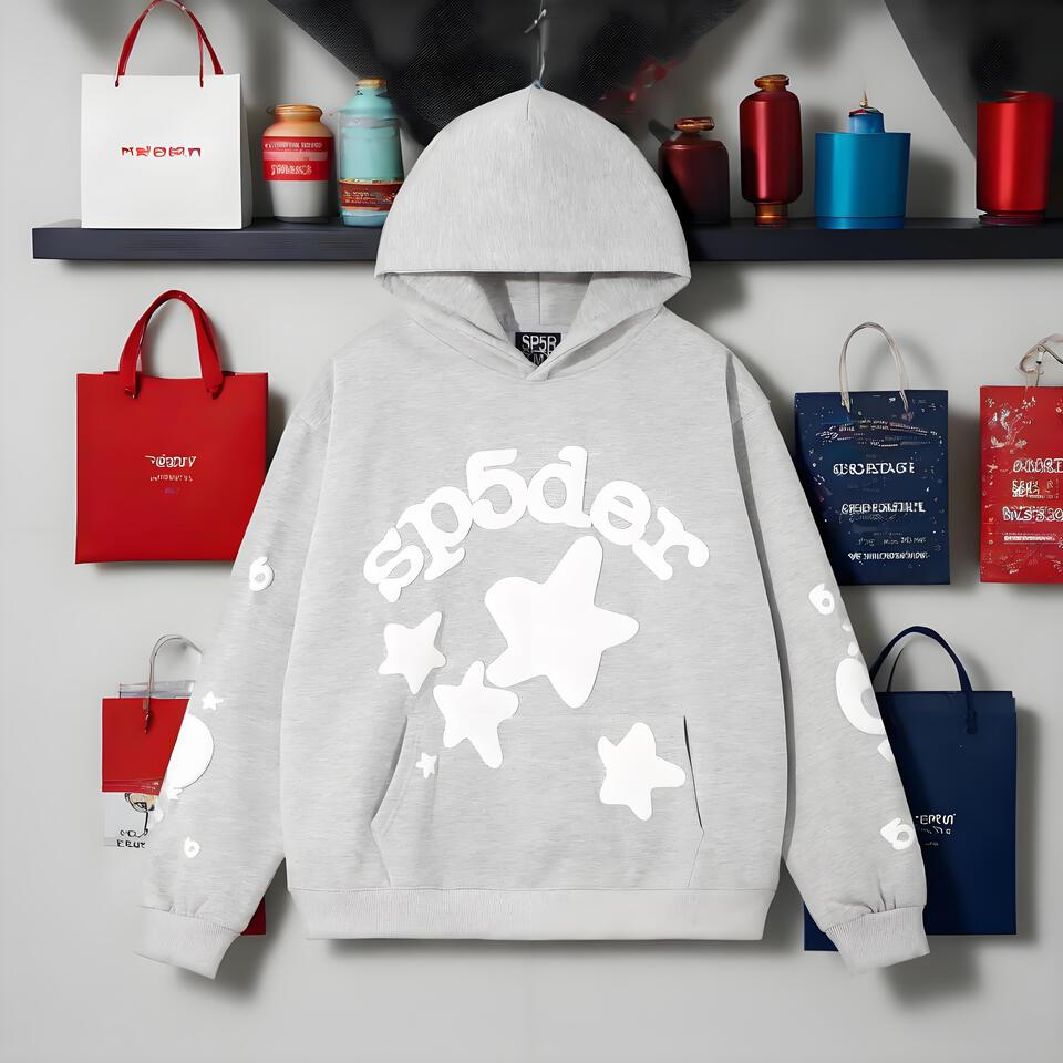 Sp5der Grey Cotton Hoodie Unisex Streetwear Sweatshirt