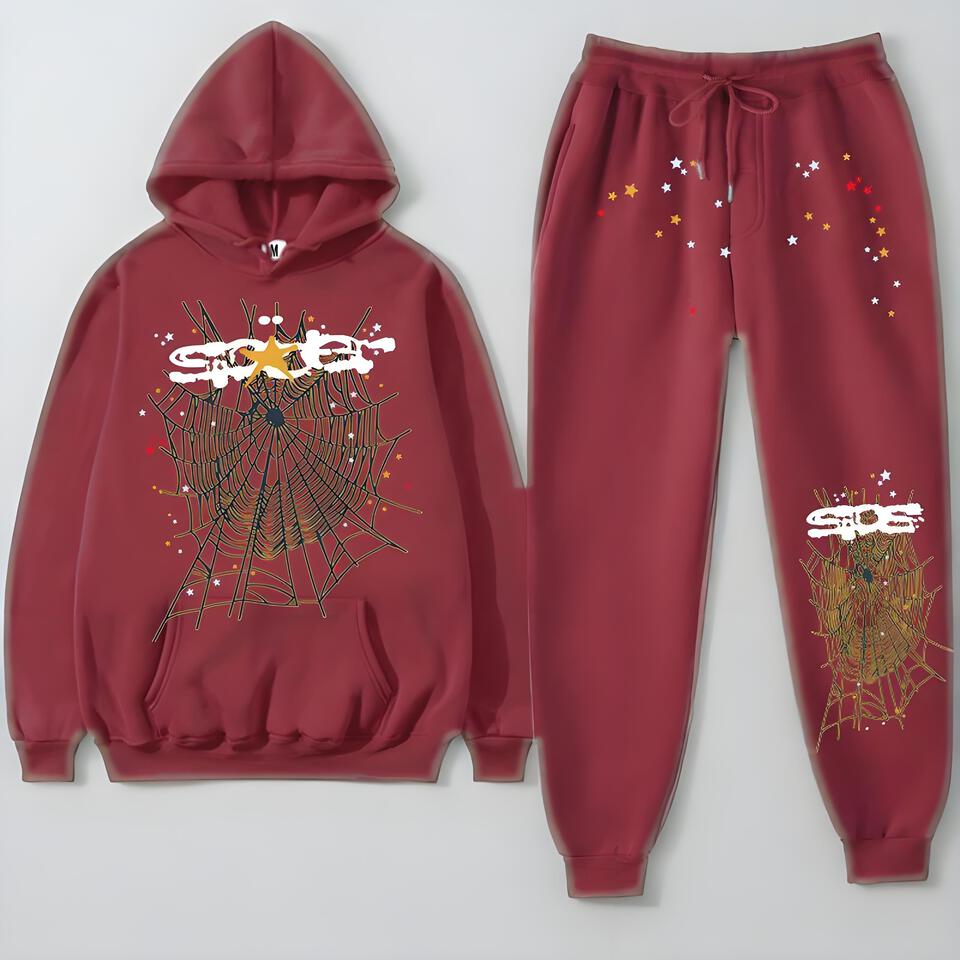 SP5DER Hooded Red Cotton Tracksuit Unisex Streetwear