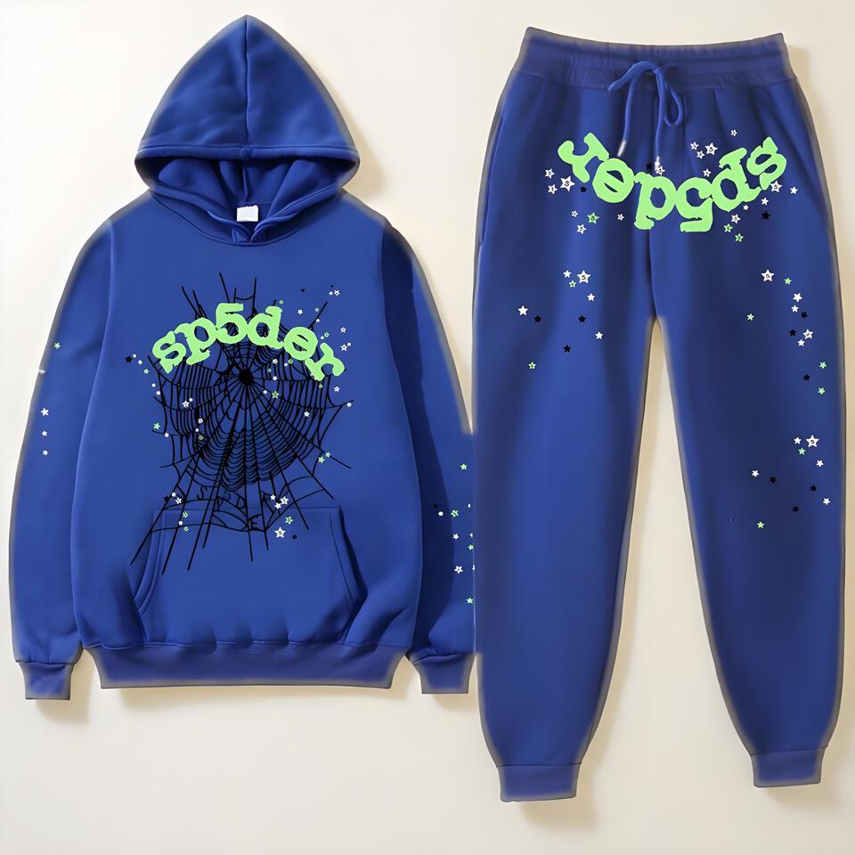 Sp5der Hooded Sweatshirt & Joggers Set Blue Cotton Streetwear