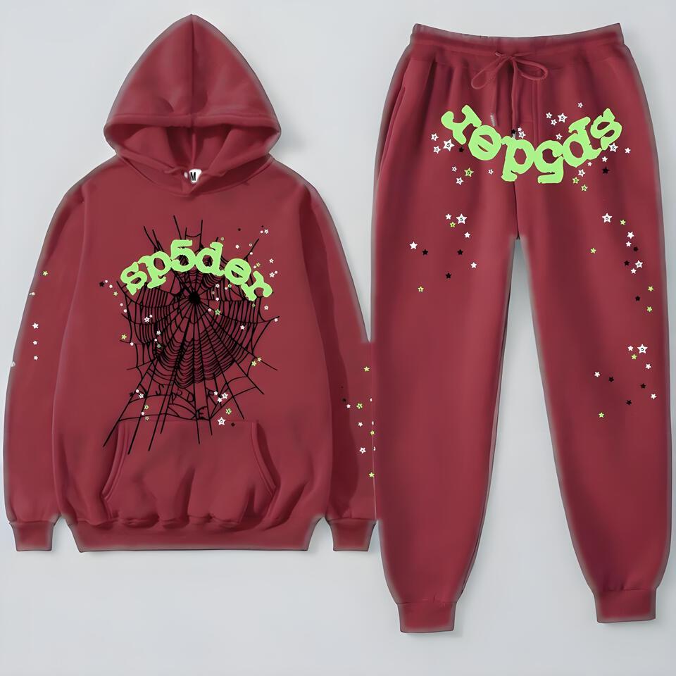SP5DER Hooded Sweatshirt & Joggers Set Burgundy Cotton Streetwear
