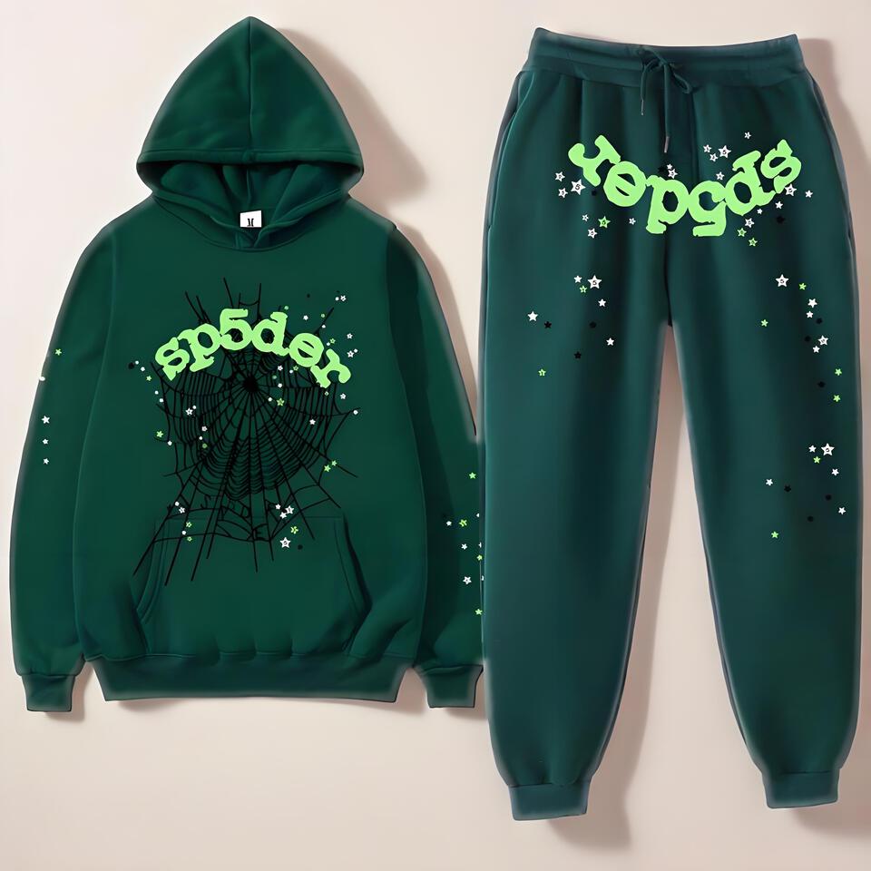 Sp5der Hooded Sweatshirt & Joggers Set Green Cotton Streetwear