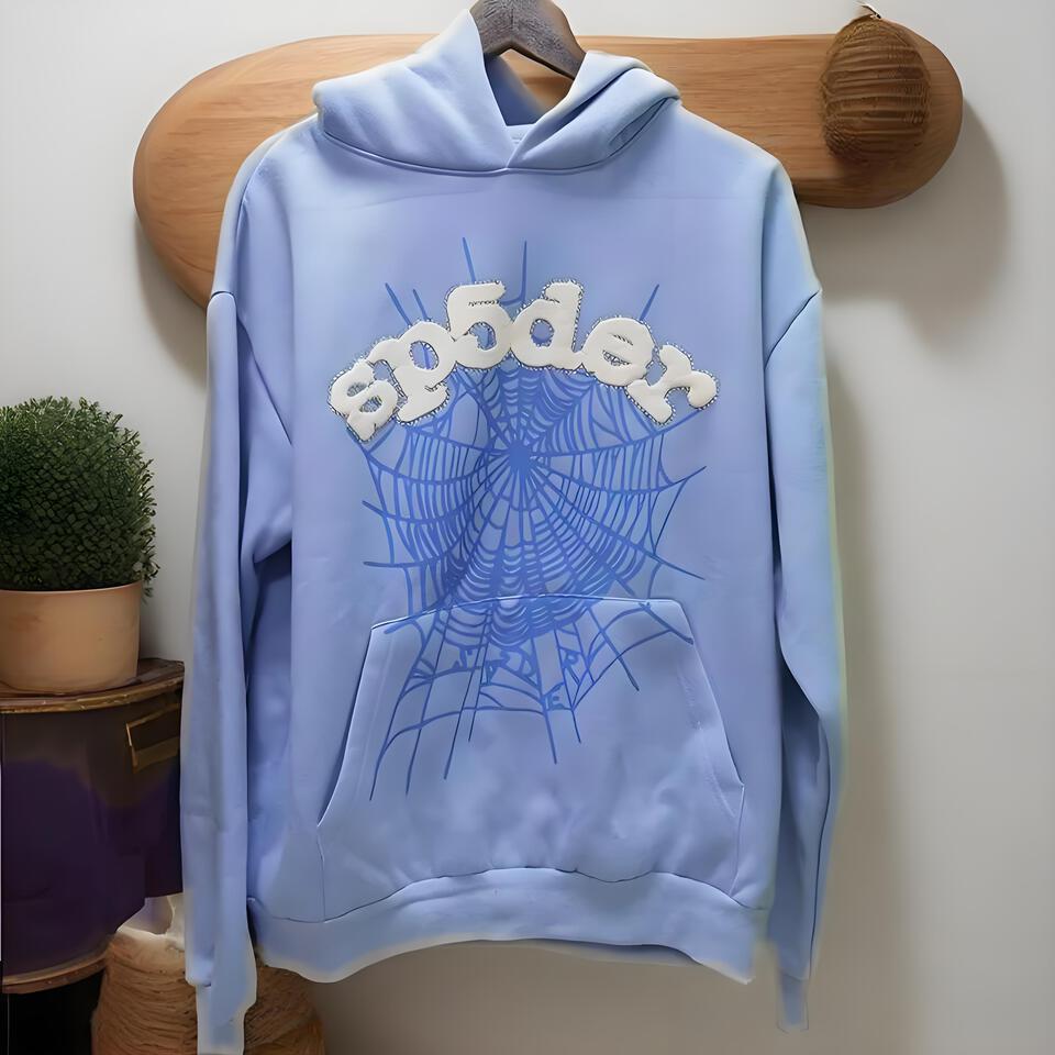 SP5DER Hooded Sweatshirt Light Blue Spider Web Print Streetwear