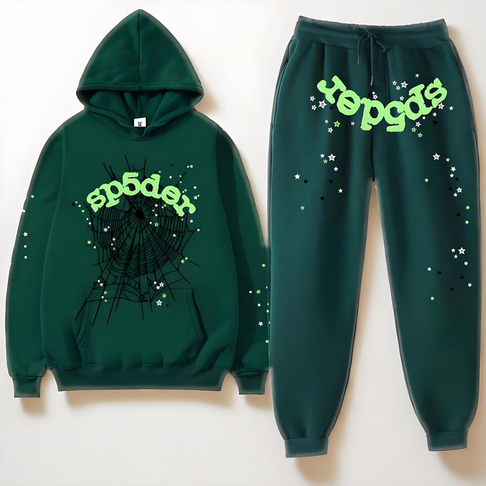Sp5der Hooded Tracksuit Olive Green Cotton Streetwear