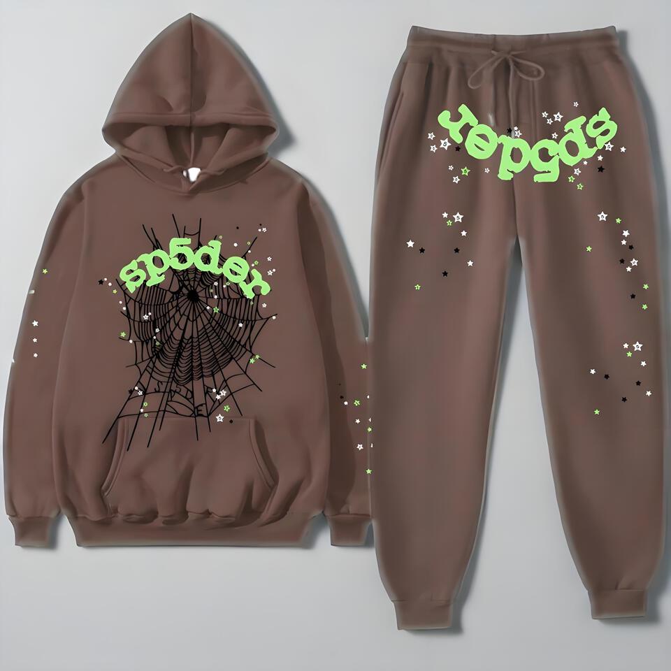 SP5DER Hoodie And Sweatpants Set Streetwear Brown