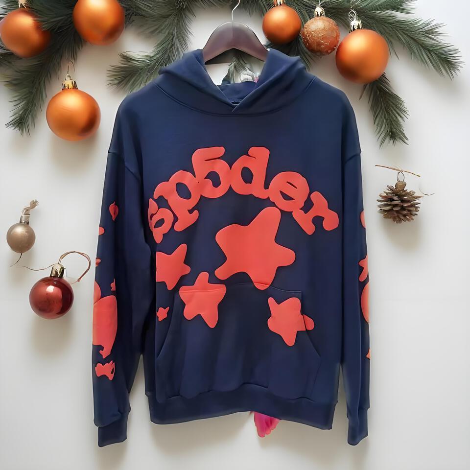 Sp5der Hoodie Blue Cotton Star Print Sweatshirt