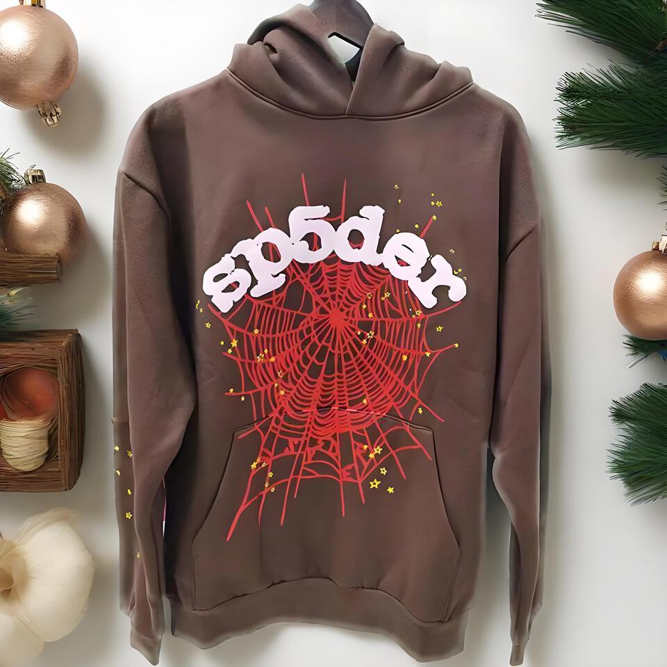 Sp5der Hoodie Brown Cotton Unisex Streetwear Sweatshirt
