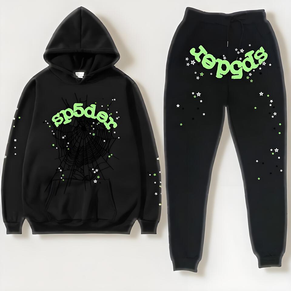 Sp5der Hoodie Jogger Set Black Cotton Streetwear