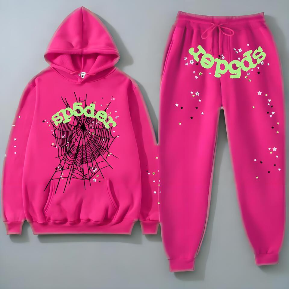 SP5DER Hoodie & Joggers Set Pink Unisex Cotton Streetwear