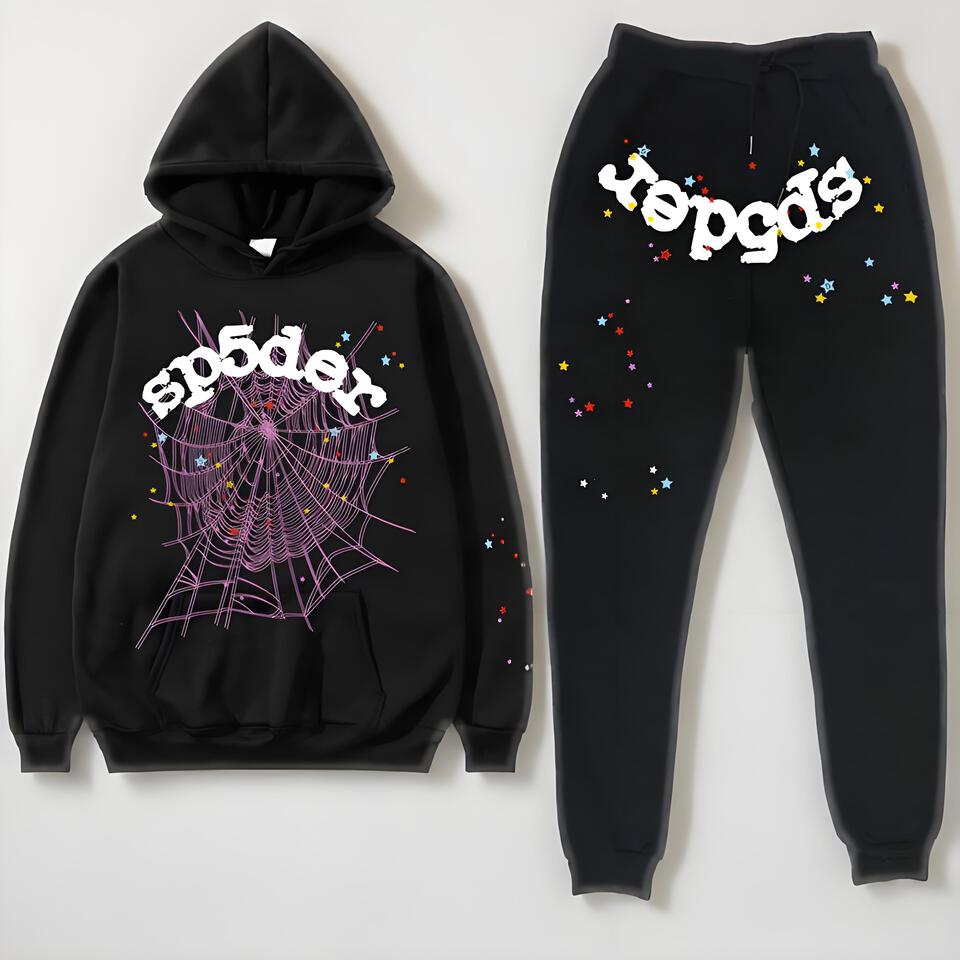 SP5DER Hoodie Set Black Cotton Spider Print Unisex