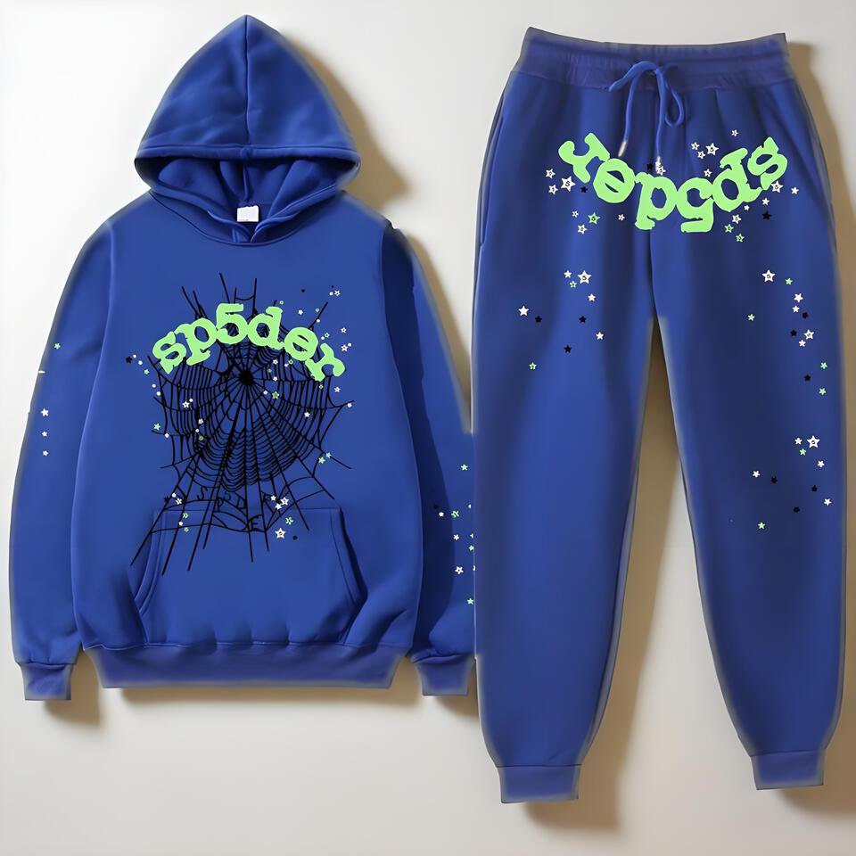 Sp5der Hoodie Set Blue Cotton Streetwear