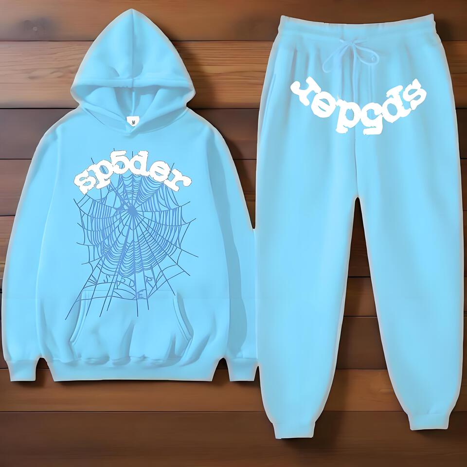 Sp5der Hoodie Set Light Blue Cotton Streetwear