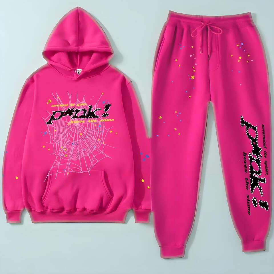 SP5DER Hoodie Set Pink Cotton Unisex Streetwear