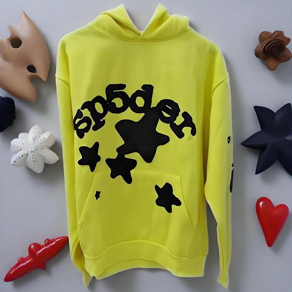 Sp5der Hoodie Yellow Cotton Streetwear Unisex