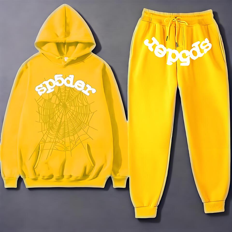 Sp5der Hoodie Yellow Cotton Unisex Streetwear Set