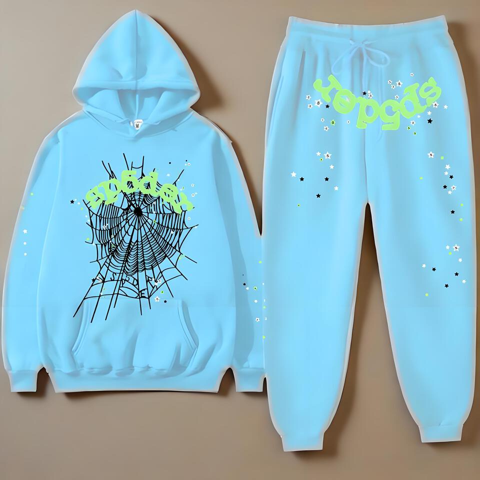 SP5DER Light Blue Cotton Hoodie Set Unisex Streetwear