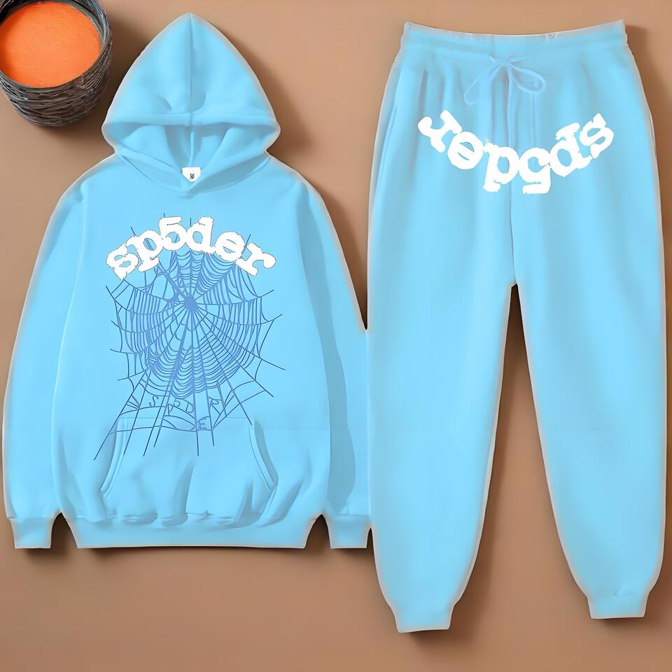SP5DER Light Blue Cotton Hoodie & Sweatpants Set Unisex