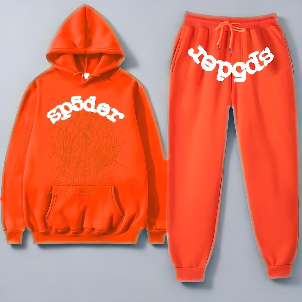 Sp5der Orange Cotton Hoodie Set Unisex Streetwear