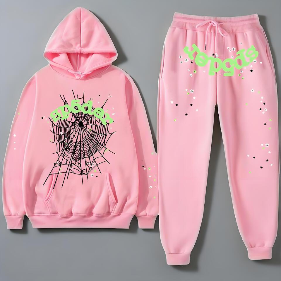 SP5DER Pink Cotton Hoodie Tracksuit Unisex Streetwear