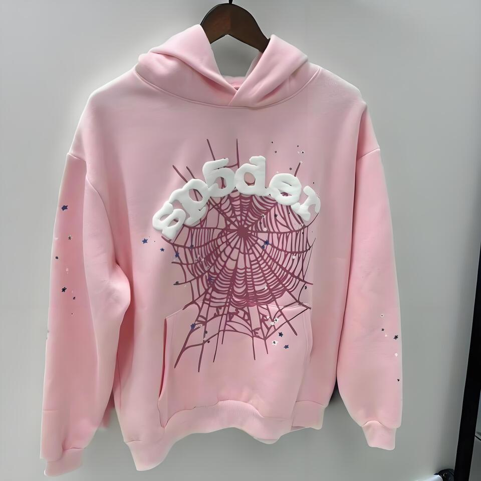 SP5DER Pink Hoodie Embroidered Spider Web Streetwear