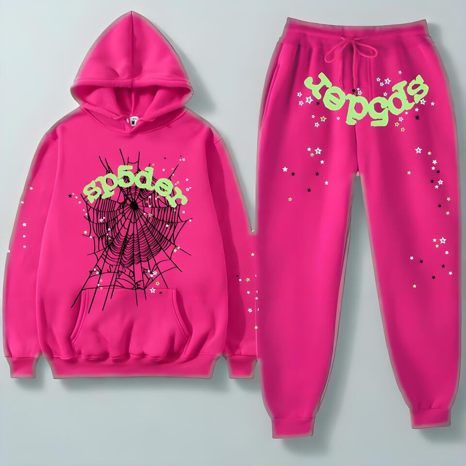 Sp5der Pink Hoodie Tracksuit Cotton Blend Streetwear