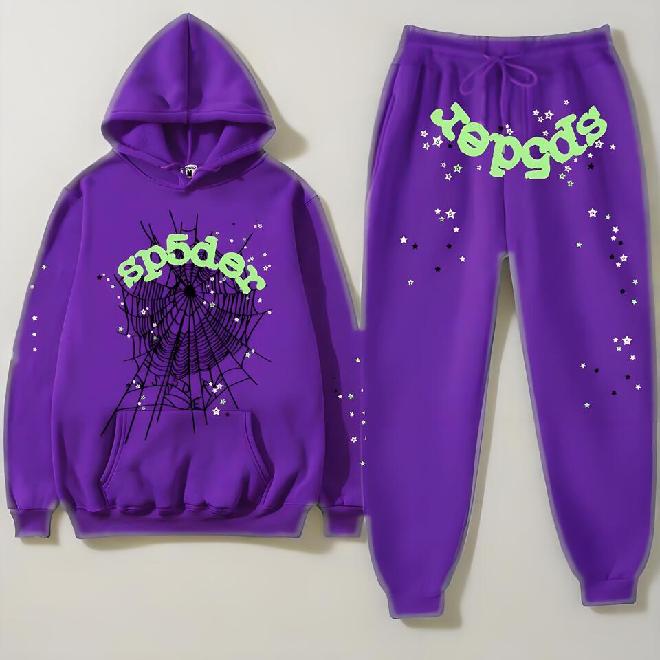Sp5der Purple Cotton Hoodie And Joggers Set Unisex