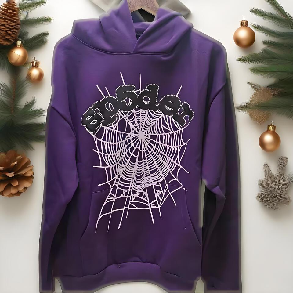 Sp5der Purple Hoodie Cotton Fleece Streetwear Unisex