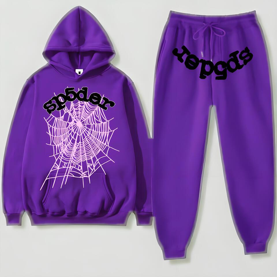 Sp5der Purple Hoodie Set Cotton Blend Streetwear Unisex
