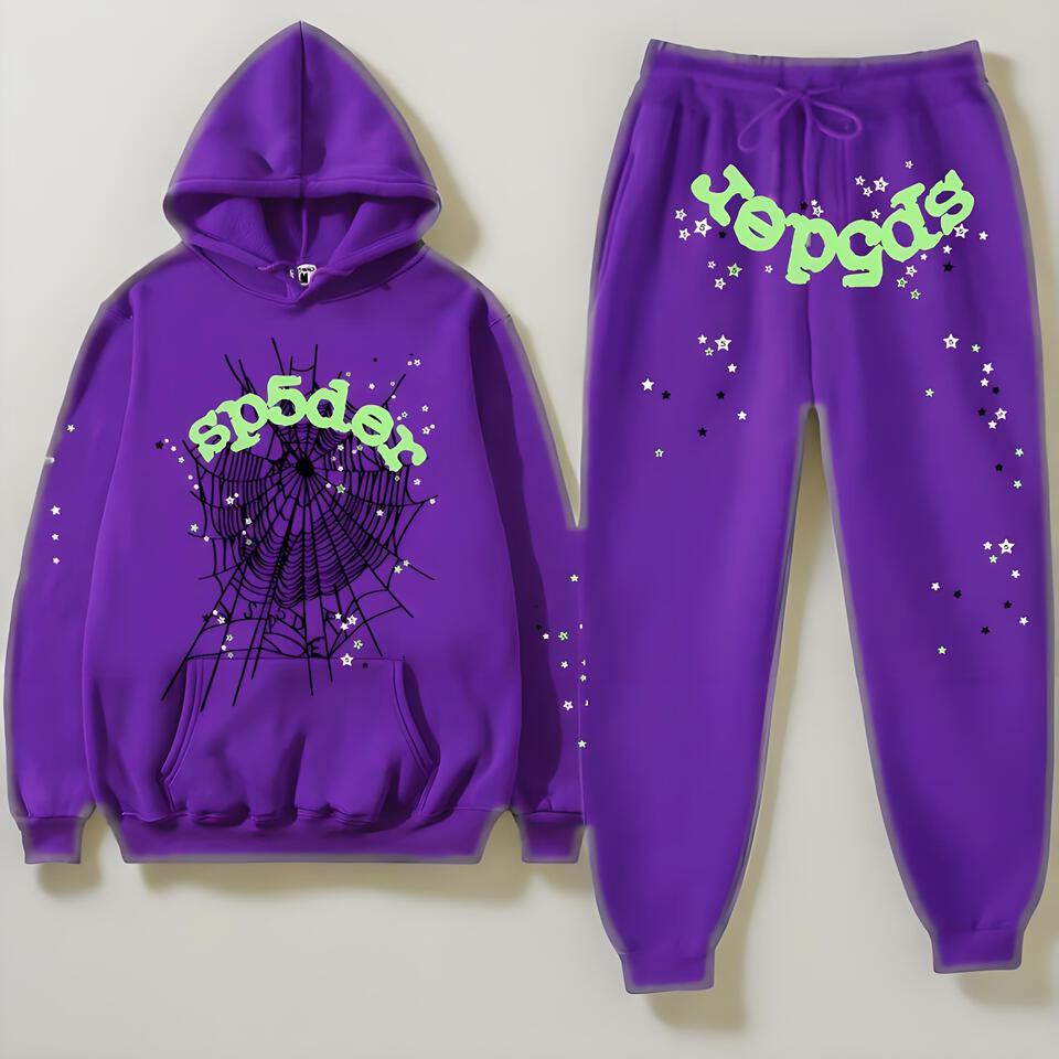 Sp5der Purple Hoodie Set Cotton Streetwear Unisex