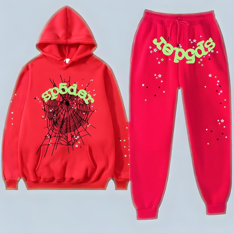 Sp5der Red Cotton Hoodie Set Unisex Streetwear