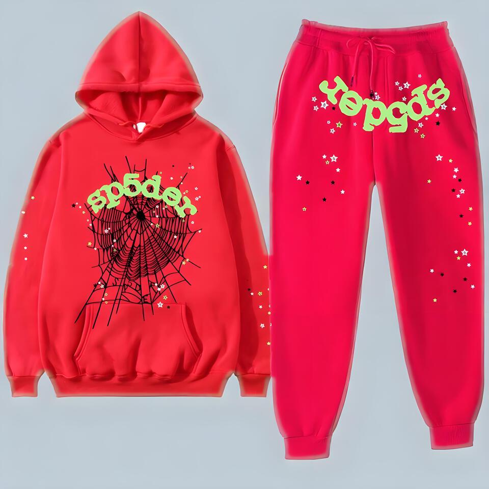 SP5der Red Cotton Hoodie Tracksuit Set