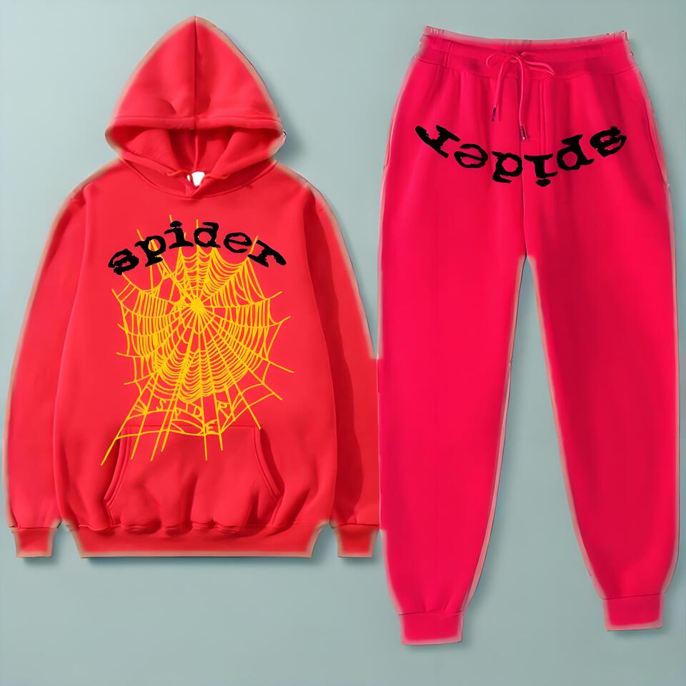 SP5DER Red Cotton Hoodie Tracksuit Unisex Streetwear