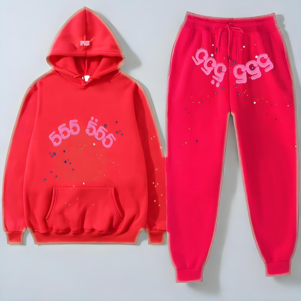 Sp5der Red Hoodie Tracksuit Unisex Cotton Streetwear
